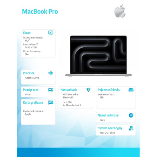 MacBook Pro 16.2 cala: M5 Pro 18/20, 24GB, 1TB SSD, bez zasilacza - Srebrny