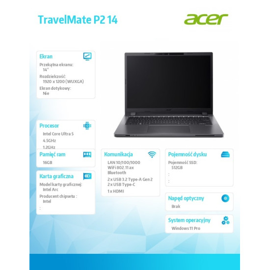 Notebook TravelMate P2 14 TMP214-75-G3-TCO Ulta 5 125H 16GB/512GB/W11 PRO
