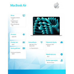 MacBook Air 15.3 cala: M5 10/10, 16GB, 512GB SSD, bez zasilacza - Srebrny