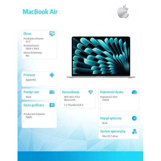 MacBook Air 15.3 cala: M5 10/10, 16GB, 512GB SSD, bez zasilacza - Srebrny