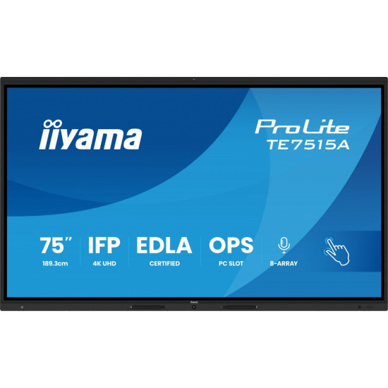 Monitor interaktywny 75 cali TE7515A-B2AG, VA,4K,40pkt,550cd,DeepContrast-IR+, HDMI x2,DP,USB-C, 2 x 20W, OPS Slot x1, 5xUSB, 2xRJ45,8-Array,EDLA, 