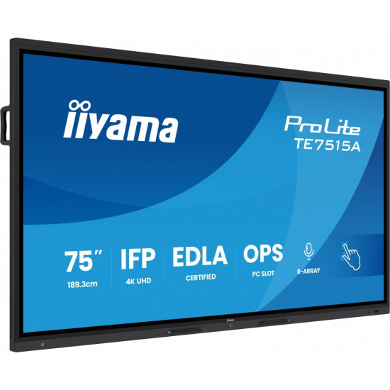 Monitor interaktywny 75 cali TE7515A-B2AG, VA,4K,40pkt,550cd,DeepContrast-IR+, HDMI x2,DP,USB-C, 2 x 20W, OPS Slot x1, 5xUSB, 2xRJ45,8-Array,EDLA, 
