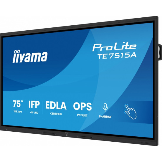 Monitor interaktywny 75 cali TE7515A-B2AG, VA,4K,40pkt,550cd,DeepContrast-IR+, HDMI x2,DP,USB-C, 2 x 20W, OPS Slot x1, 5xUSB, 2xRJ45,8-Array,EDLA, 