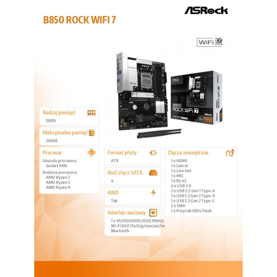 Płyta główna B850 ROCK WIFI 7 AM5 4DDR5 ATX 