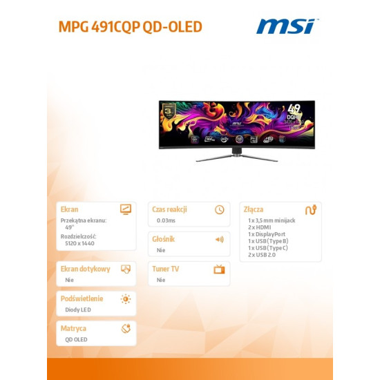 Monitor MPG 491CQP QD-OLED 49 cali/LED/QD-OLED/Zakrzywiony/144Hz/Czarny