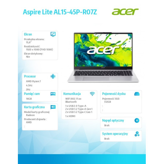 Laptop Acer Lite AL15-45P-R07Z R7-5825U 15,6 FHD 16GB 512GB 