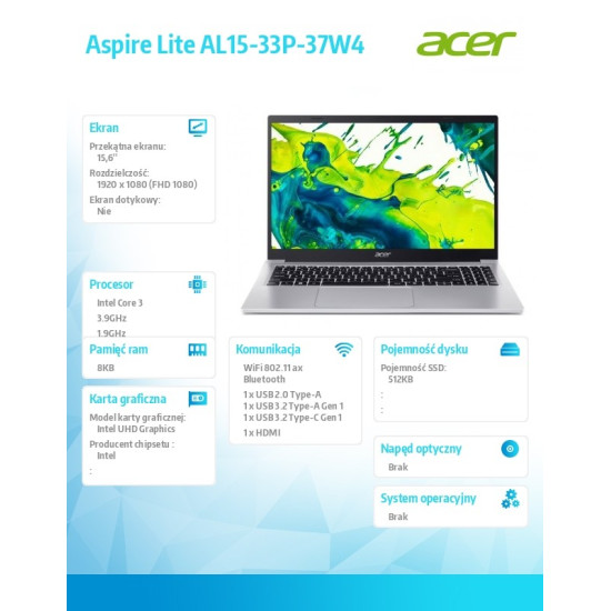 Laptop Aspire Lite AL15-33P-37W4 Core 3 N355, 15.6 FHD, 8GB,512GB SSD, NoOS 