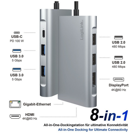 Stacja dokująca USB3.2 ,USB-C, 8-portow, PD 