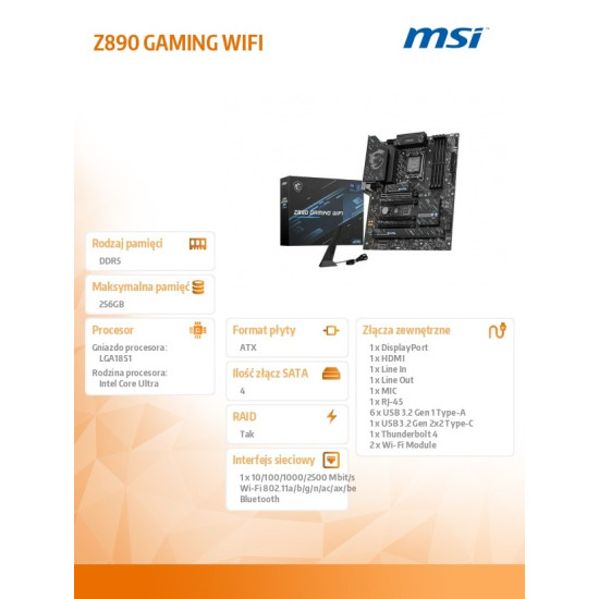 Płyta główna Z890 GAMING WIFI s1851 4DDR5 HDMI/DP ATX 