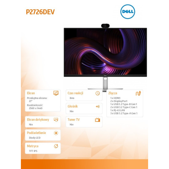 Monitor P2726DEV 27 cali IPS QHD (2560x1440)/16:9/HDMI/2xDP/4xUSB/2xUSB-C/Camera/3Y