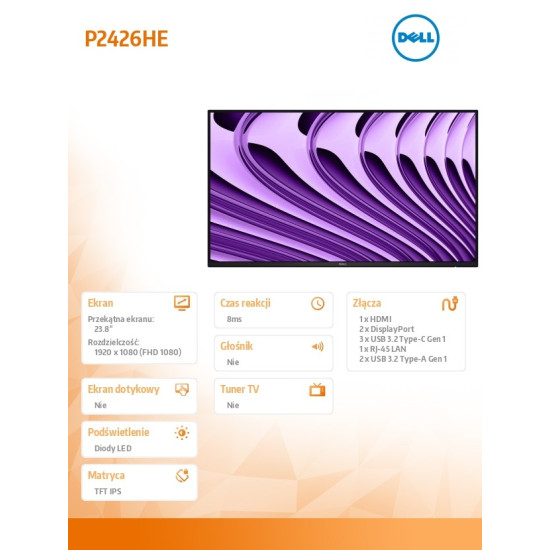 Monitor P2426HENOSTAND 24 cale IPS FHD (1920x1080)/16:9/HDMI/2xDP/2xUSB/3xUSB-C/RJ45/No Stand/3Y 