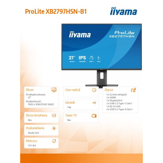 Monitor 27 cali XB2797HSN-B1 IPS,FHD,HAS150 ,350cd,1ms HDMI, DP,USB-C DOCK 65W, 4xUSB HUB, RJ45