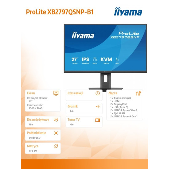 Monitor 27 cali XB2797QSNP-B1 IPS,QHD,USB-c Dock 96W,HDMI, 350cd,1ms, DP, DisplayPort x1 (Daisy Chain MST max. 2560 x1440), USB HUB x4, RJ45
