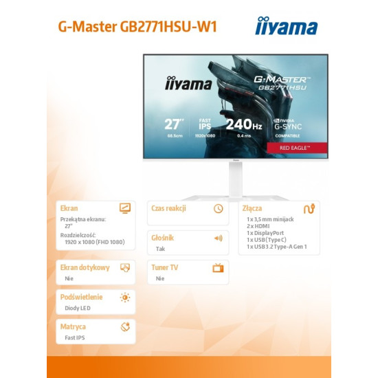 Monitor 27 cali GB2771HSU-W1 0.4ms,Fast IPS, HAS (150) PIVOT, 1xUSB 3.2, 1xUSB C, 240Hz, DP, 2xHDMI,Adaptive G-SYNC - 1920 x 1080 @48-240Hz Dis