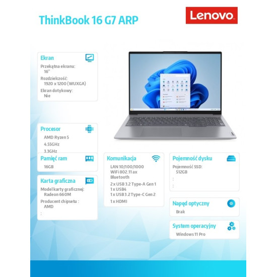 Laptop ThinkBook 16 G7 21MW00F0PB W11Pro 5 7535HS/16GB/512GB/INT/16.0 WUXGA/Arctic grey/3YR OS + 1YR CI + CO2 Offset 