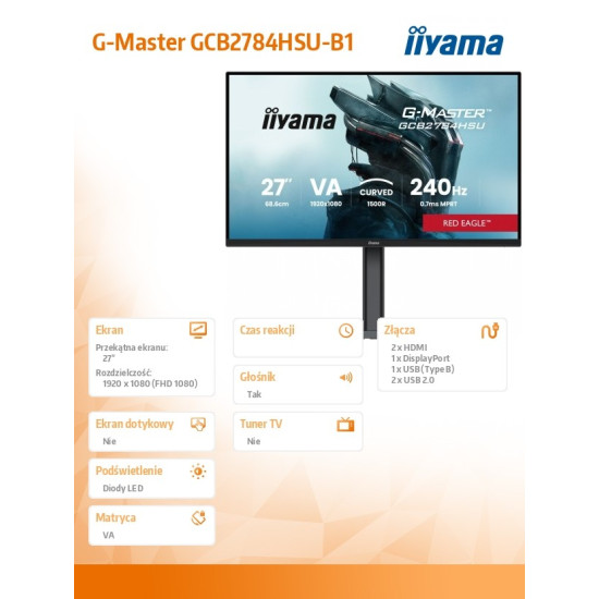 Monitor 27 cali GCB2784HSU-B1 FHD, 0.7ms, VA, 1500R, 240Hz, 2xHDMI, DP, 2xUSB, FreeSync Premium -1920x1080 (48-240Hz), HDR10, 2x2W, HAS150(PIVOT)