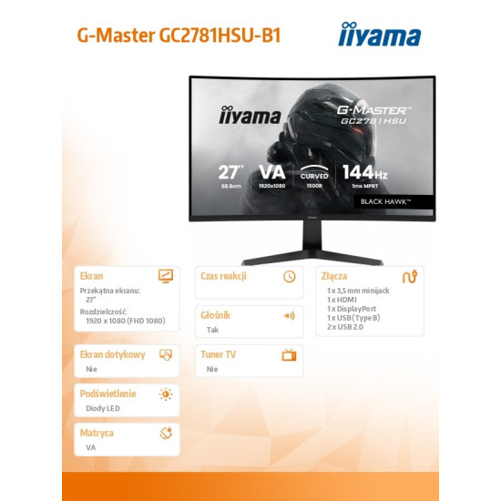 Monitor 27 cali GC2781HSU-B1 VA, FHD, 144Hz, 1ms, 2xUSB, 1500R, 350 cd, 4000:1, HDMI, DP, FreeSync -1920x1080 (48-144Hz), 2x2W