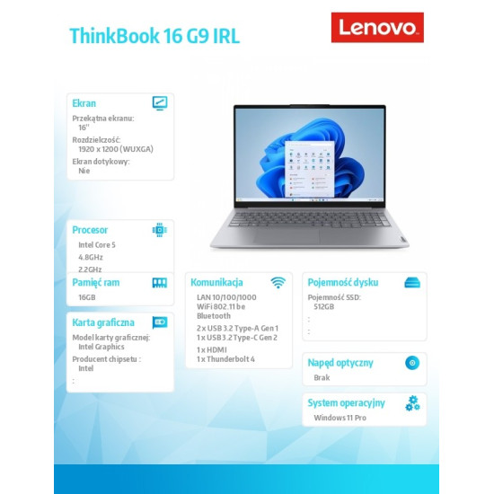 Notebook ThinkBook 16 G9 21US00FNPB W11Pro Core 5 210H/16GB/512GB/INT/16.0 WUXGA/Arctic Grey/3YR OS + 1YR CI + CO2 Offset 