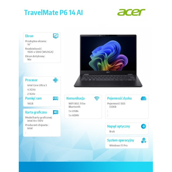 Laptop TravelMate P6 14 AI TMP614-54T-TCO Ultra 5 226V/16GB/512GB/W11PRO ; gwarancja 36 miesięcy ONSITE