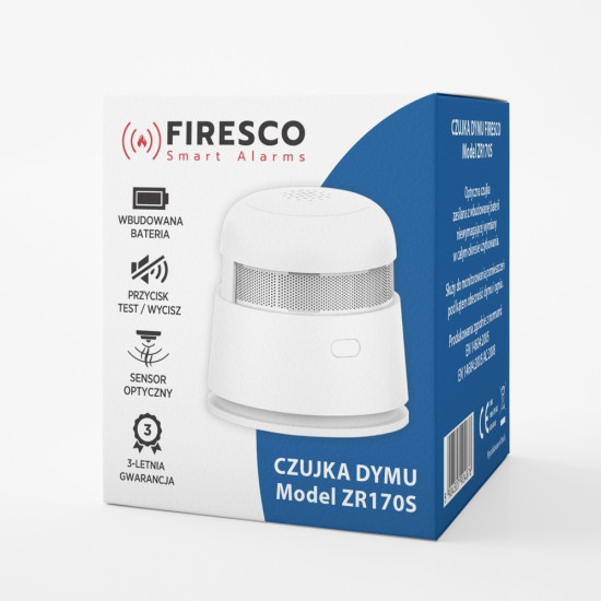 Czujka dymu ZR170S, autonomiczna czujka dymu, wbudowana bateria, 3 letnia gwarancja