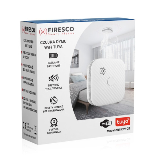 Czujka dymu Tuya/Wifi ZR153SW-CB, czujka dymu z funkcja komunikacji, domowa, autonomiczna, Wi-Fi
