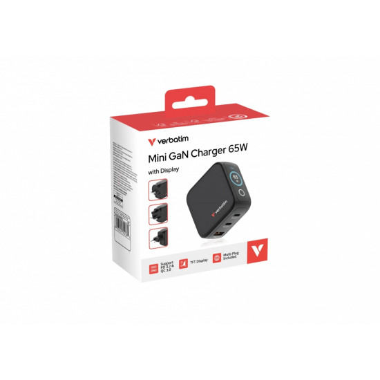 Ładowarka Mini GaN 65W TFT 2xUSB-C 1xUSB-A EU/UK/USA 30238