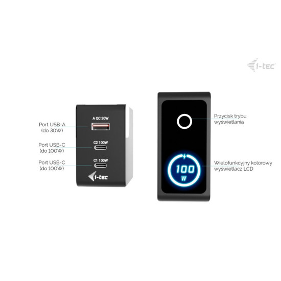 Ładowarka 100W Intelligent Multiport USB Charger 2xUSB-C 1xUSB-A LCD 150 cm
