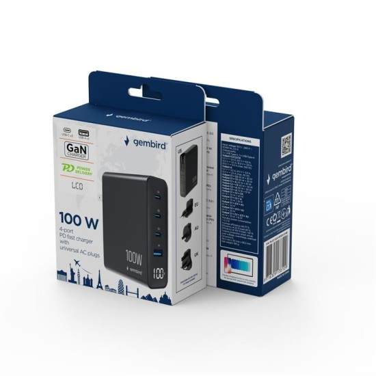 Ładowarka uniwersalna GaN 100W LCD 3xUSB-C 1xUSB-A czarna