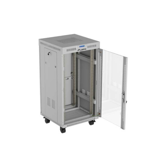 Szafa instalacyjna rack stojąca 19 cali 22U 600x600 drzwi przeszklone LCD (Flat pack) szara