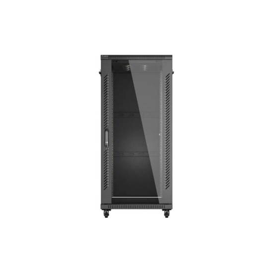 Szafa instalacyjna rack stojąca 19 cali 27U 600x1000 drzwi przeszklone (Flat pack) czarna