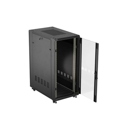 Szafa instalacyjna rack stojąca 19 cali 27U 600x1000 drzwi przeszklone (Flat pack) czarna
