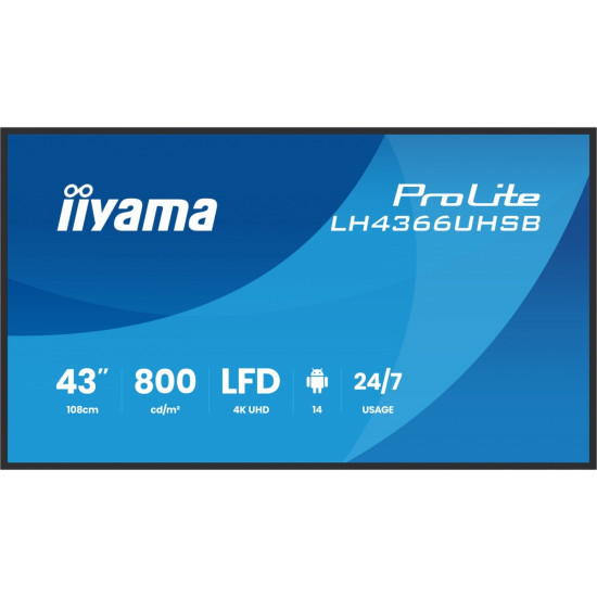 Monitor profesjonalny 43 cale LH4366UHSB-B1AG 4K, VA, A14, 800cd, 4000:1, 6,5ms,2xHDMI, USB-C, RJ45, 2xUSB, 2x10W, WiFi, iiSignage2, RAM: 4GB, ROM: 3