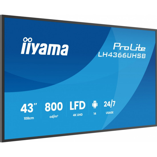 Monitor profesjonalny 43 cale LH4366UHSB-B1AG 4K, VA, A14, 800cd, 4000:1, 6,5ms,2xHDMI, USB-C, RJ45, 2xUSB, 2x10W, WiFi, iiSignage2, RAM: 4GB, ROM: 3