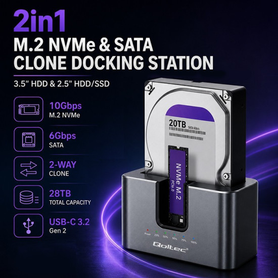 Stacja dokująca 2w1 HDD SSD | SATA | M.2 NVMe | Klonowanie | USB-C | 10Gb/s | 28TB 