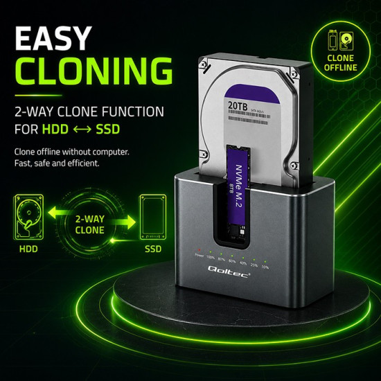 Stacja dokująca 2w1 HDD SSD | SATA | M.2 NVMe | Klonowanie | USB-C | 10Gb/s | 28TB 