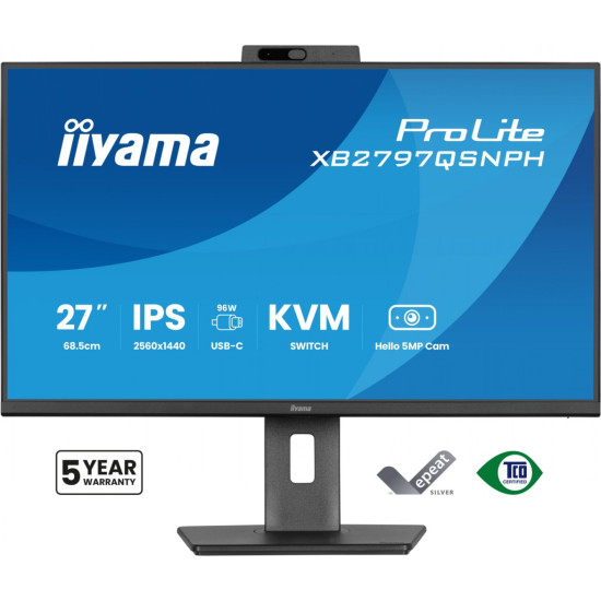 Monitor 27 cali Prolite XB2797QSNPH-B1,IPS,QHD,CAM,MIC,HDMI, DP, 4xUSB,75Hz, USB-C DOCK  96W, RJ45,KVM, 2x2W, 5MP WINDOWS HELLO, HAS 150,  350CD, 1ms 