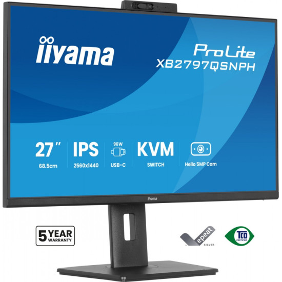 Monitor 27 cali Prolite XB2797QSNPH-B1,IPS,QHD,CAM,MIC,HDMI, DP, 4xUSB,75Hz, USB-C DOCK  96W, RJ45,KVM, 2x2W, 5MP WINDOWS HELLO, HAS 150,  350CD, 1ms 