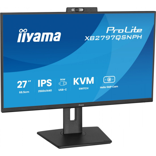 Monitor 27 cali Prolite XB2797QSNPH-B1,IPS,QHD,CAM,MIC,HDMI, DP, 4xUSB,75Hz, USB-C DOCK  96W, RJ45,KVM, 2x2W, 5MP WINDOWS HELLO, HAS 150,  350CD, 1ms 