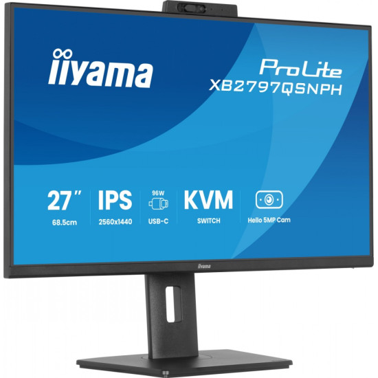 Monitor 27 cali Prolite XB2797QSNPH-B1,IPS,QHD,CAM,MIC,HDMI, DP, 4xUSB,75Hz, USB-C DOCK  96W, RJ45,KVM, 2x2W, 5MP WINDOWS HELLO, HAS 150,  350CD, 1ms 