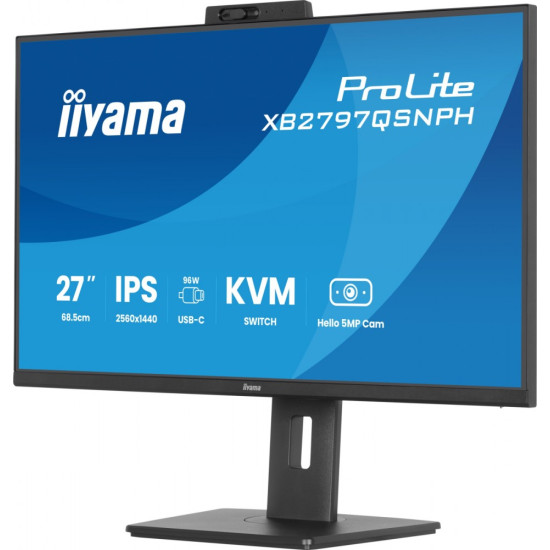 Monitor 27 cali Prolite XB2797QSNPH-B1,IPS,QHD,CAM,MIC,HDMI, DP, 4xUSB,75Hz, USB-C DOCK  96W, RJ45,KVM, 2x2W, 5MP WINDOWS HELLO, HAS 150,  350CD, 1ms 