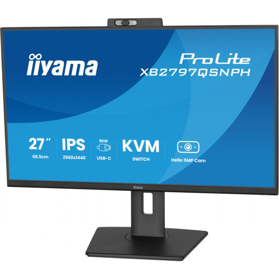Monitor 27 cali Prolite XB2797QSNPH-B1,IPS,QHD,CAM,MIC,HDMI, DP, 4xUSB,75Hz, USB-C DOCK  96W, RJ45,KVM, 2x2W, 5MP WINDOWS HELLO, HAS 150,  350CD, 1ms 