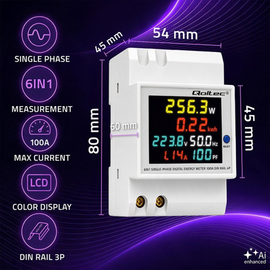 Jednofazowy miernik zużycia energii na szynę DIN | 230V | 100A | 3P 