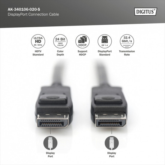 Kabel połączeniowy DisplayPort z zatrzaskami 8K 30Hz UHD Typ DP/DP M/M czarny 2m