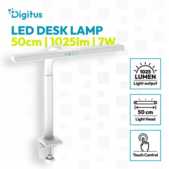 Lampa biurkowa LED, 50 cm, 1025 lm, 7 W, temp. barw 3000K-6500K, biała