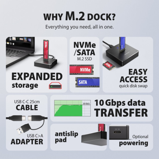 Stacja dokująca USB-C 3.2 Gen 2 ADSA-M2C11 ALU- 1xNVMe /SATA M.2 10Gbps