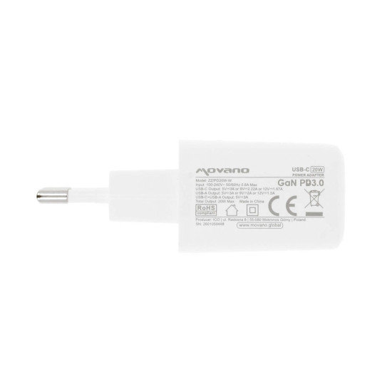 Ładowarka GaN 20W USB-C PD + USB-A (biała)