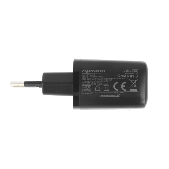 Ładowarka GaN 30W USB-C PD + USB-A (czarna)