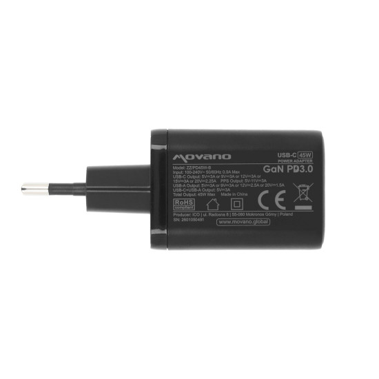 Ładowarka GaN 45W USB-C PD + USB-A (czarna)