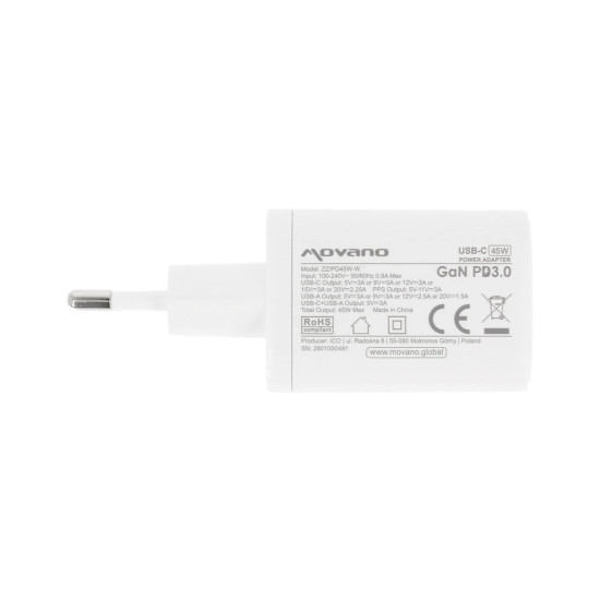 Ładowarka GaN 45W USB-C PD + USB-A (biała)