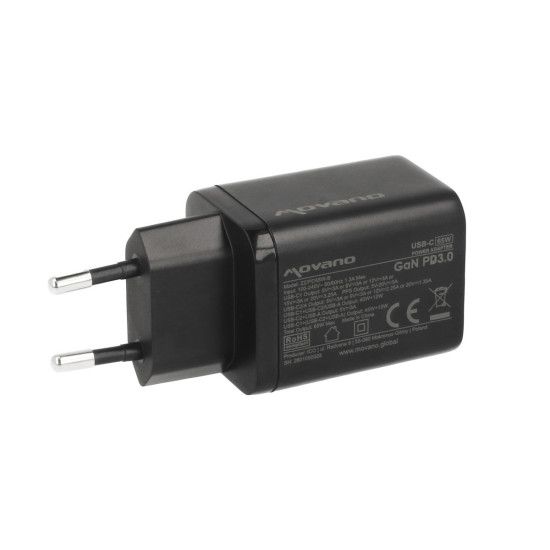 Ładowarka GaN 65W 2x USB-C PD + USB-A (czarna)